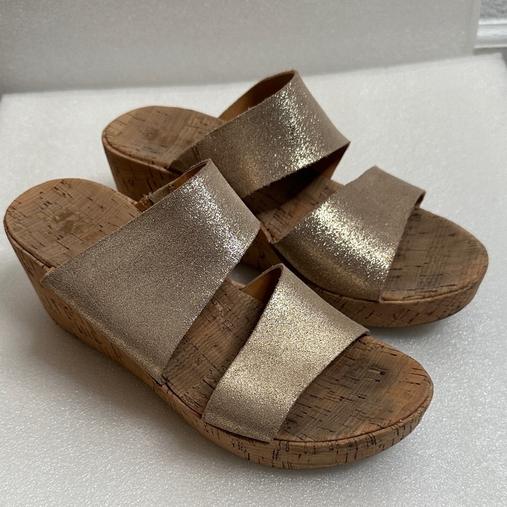 Korkes Gold Metallic Slide wedge leather Sandals size 8